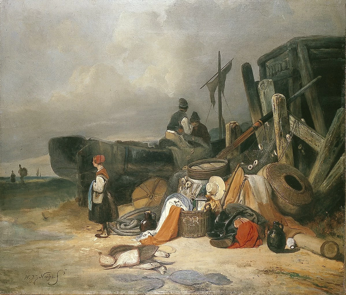 Vista sulla spiaggia con barca da pesca e provviste - Cultural Heritage Agency of the Netherlands
